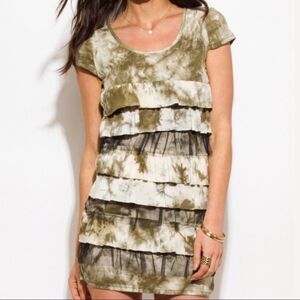 Green Ivory Tye Dye Black Tulle Ruffle Rib Knit Summer Fitted Mini Dress NEW
